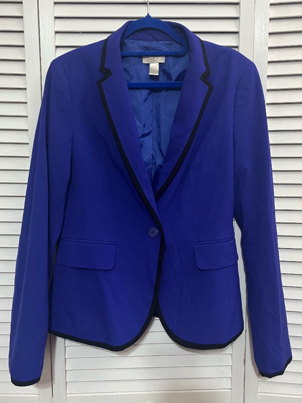 LOFT Anne Taylor Single Breasted Cobalt Blue Tailored Blazer with Black Trim